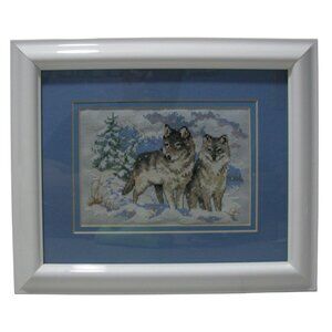 Wolfs Needlepoint Cross Stitch Art White Frame Nature Winter